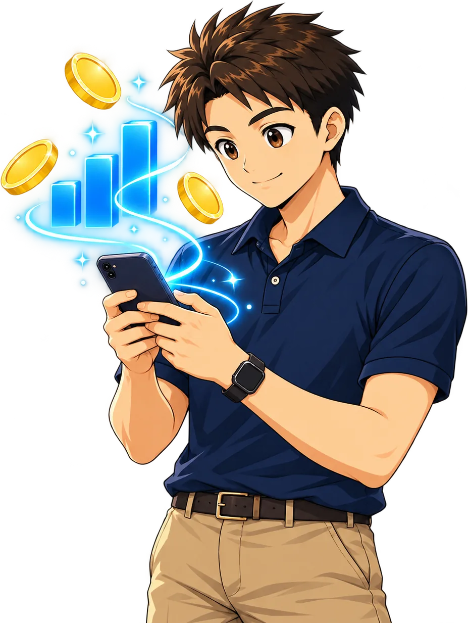 スマホで帳簿を確認すると、販路ごとの手残りが棒グラフとコインで分かる様子のイラスト