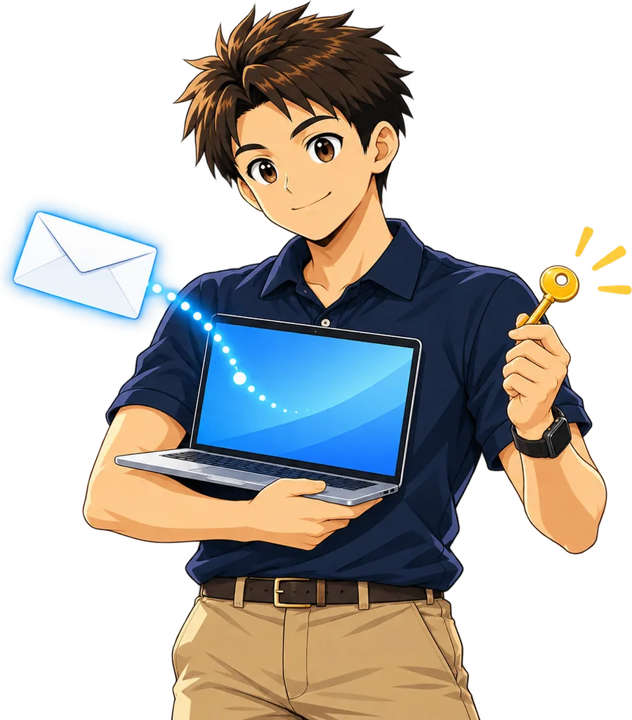 ノートパソコンから招待状を送り、鍵は自分の手元に持ったままのイラスト（パスワードを預けない）