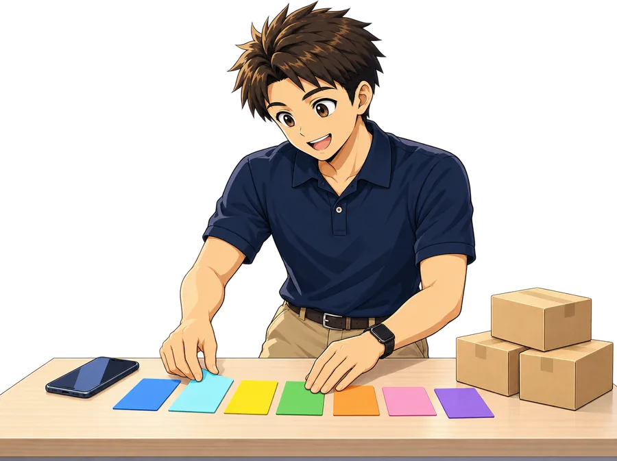 複数の販路を色ちがいの札にして机の上で整理しているイラスト